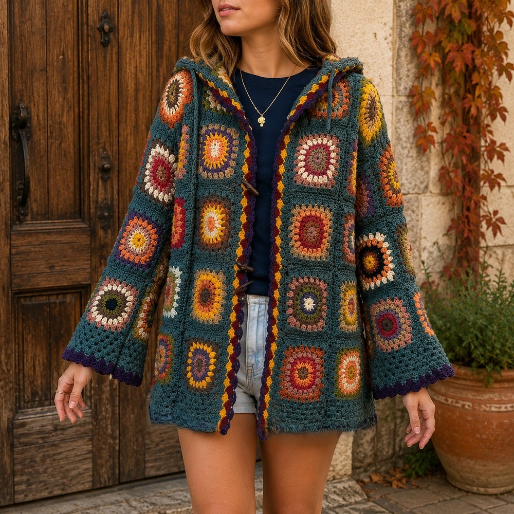 Handmade Granny Square Crochet Cardigan Hoodie Boho Bell Sleeve Multicolor M